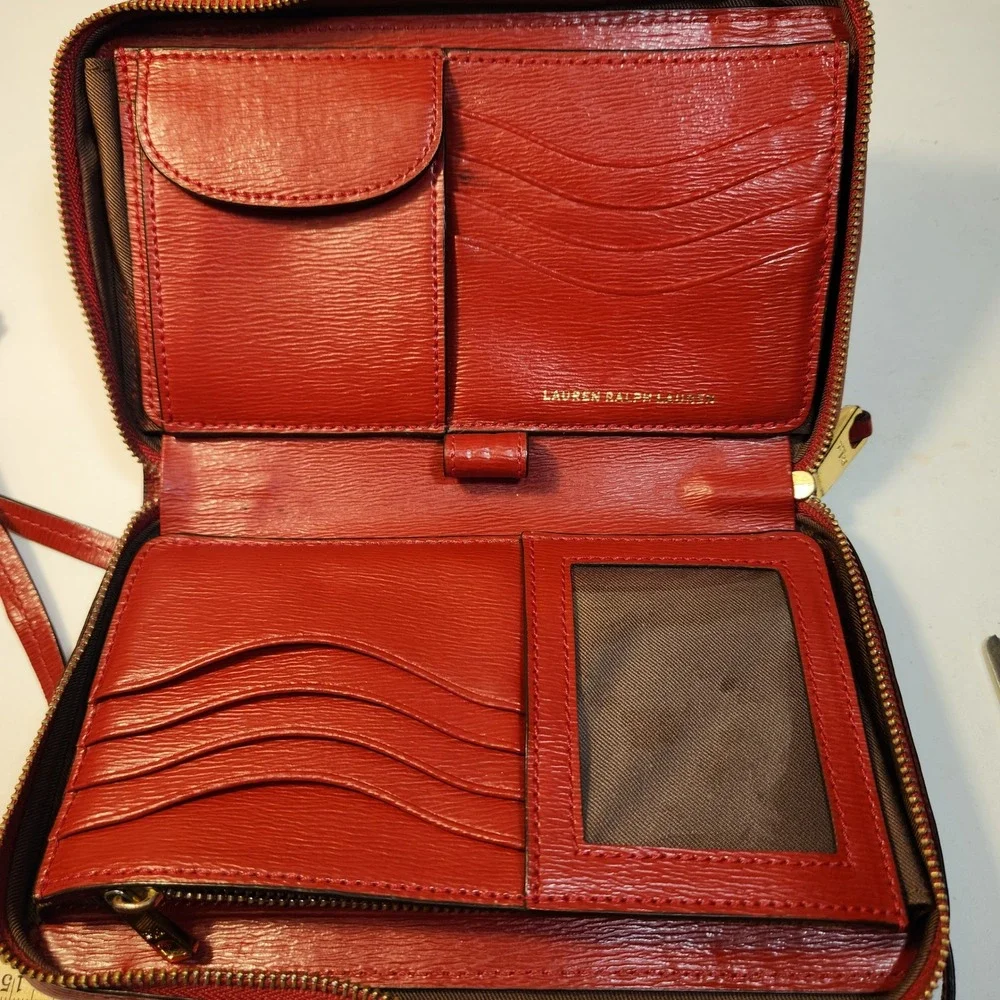 Lauren Ralph Lauren Red Textured Leather Crossbody Camera Bag Gold RLL Logo